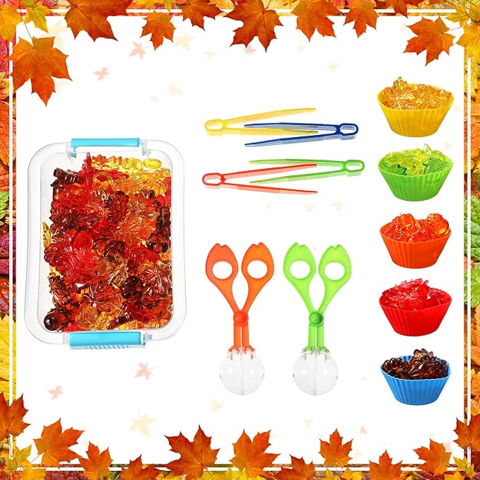 147 Pcs Fine Motor Toys Counting Sorting Fall Decorations, Sensory Bin Filler, 135 Acrylic Fall Leaves Pumpkin 4 Tweezers 2 Scissors Clips 5 Cups Storage Box for Fall, Autumn Thanksgiving Decor - Image 6