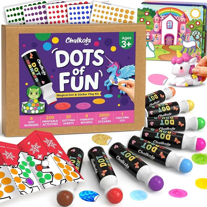 Chalkola Dots of Fun, 8 Washable Dot Markers + Dot Art Sticker Activity Kit by Chalkola