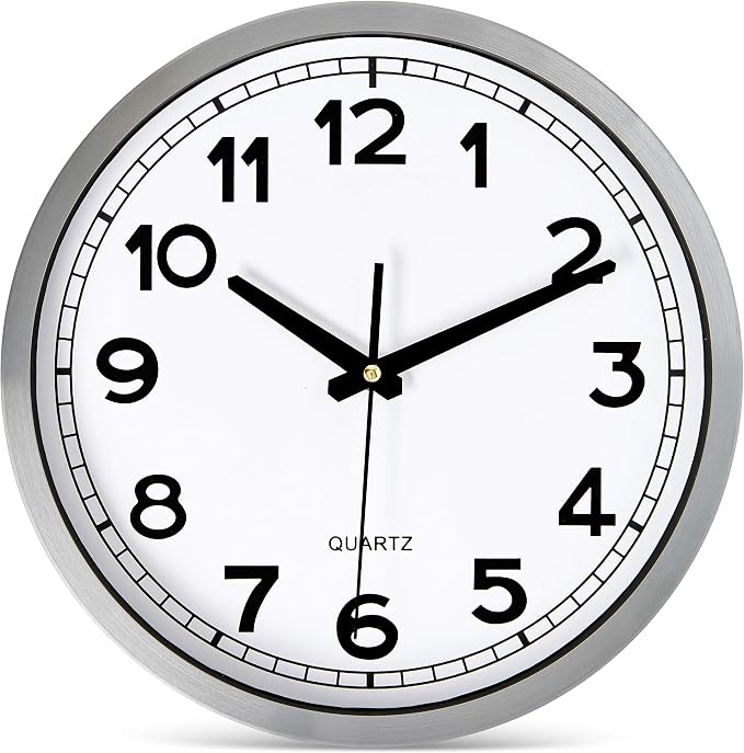 Bernhard Products Wall Clock Silent Non-Ticking Large 12" Silver Metal Frame Quartz Battery Operated Easy to Read Office Classroom Kitchen Living Room Bathroom Sweeping Clocks, Black Modern Numbers by BernhardProducts