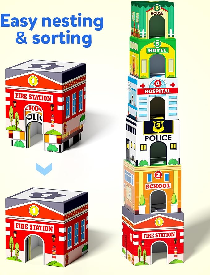 Coogam Montessori Sorting & Stacking Blocks with Nesting Garages Cars - Image 3