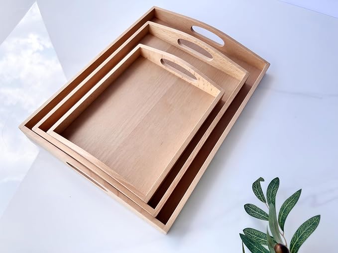 Premium Montessori Wooden Trays Set of 3- Solid Beechwood Wooden Working Trays with Handles for Classroom, Kids Dining & Toy Storage, Toddler Learning Tools, Sensory Bins & Home Organization - Image 6