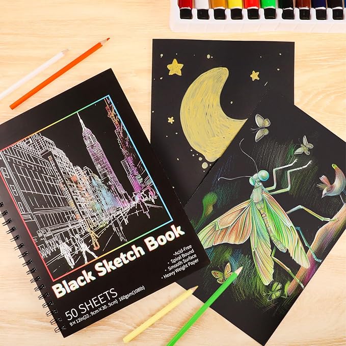 100 Sheets Black Paper Sketchbook(2 Pack), 108 lb/160gsm Heavyweight Black Sketch Pad 9×12in, Acid-Free Drawing Paper, Spiral Bound Sketch Book for Kids, Teens, Artist.