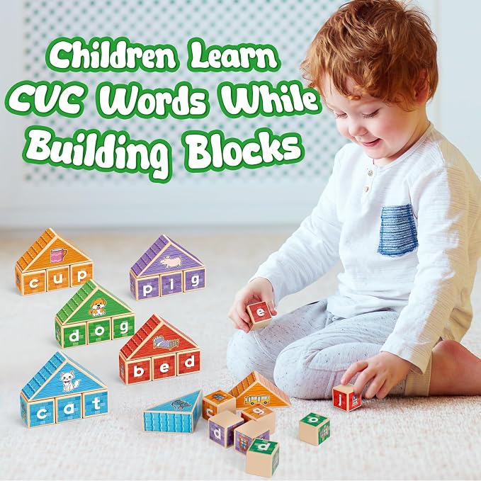 CVC Kasfalci Wooden Alphabet Letter Blocks - Toddler Phonics Games for Learning to Read & Spell, Speech Therapy Toys for Preschool Kindergarten Classroom - Image 2