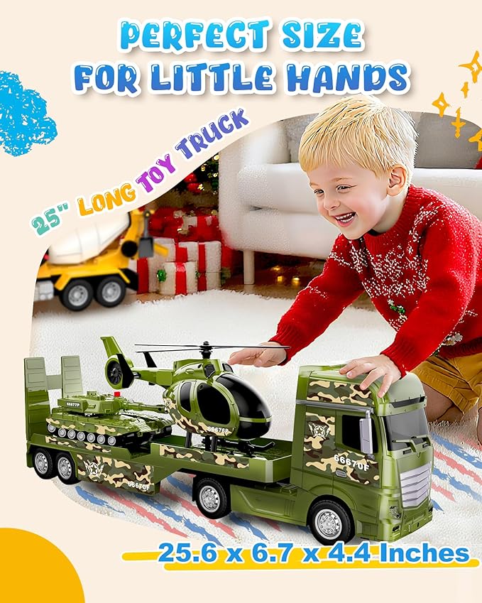 Toddler Boy Toys for 3 4 5 6 7 Years Kids, 25.6" Large Semi Truck Toy with Tank and Helicopter Toy, Army Military Toys with Sounds and Lights, Birthday Chritmas Gifts for Child