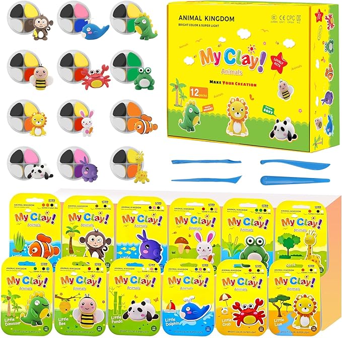 Air Dry Clay for Kids Air Clay Art Kits 12 Box Animals Theme Air Dry Modeling Clay Kit w/Sculpting Tools& Step-by-Step Tutorials,Ultra Soft Non-Sticky,Craft Party Favors Clay Toy Gift for Boys Girls