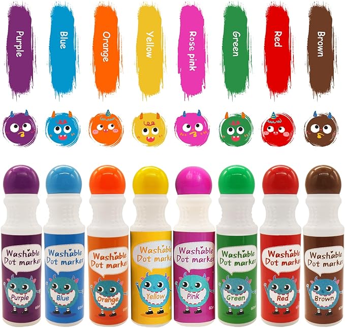 R&DLanci Washable Dot Markers for Toddlers, 8 Colors Dot Paints with 108 PDF & 12 Activity Papers,Non-Toxic Bingo Daubers for Toddlers 2-4, Non-Toxic Bingo Markers for Kids Arts and Crafts Gifts