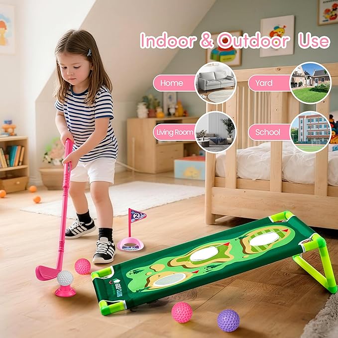 PJG Toddler Golf Set with Mat & Cornhole Board, Plastic Kids Golf Clubs 3-5 with 4 Golf Clubs and 10 Balls, Golf Toy with Cart for Boys and Girls Aged 1 2 3 4 5 Years Old Birthday (Pink)