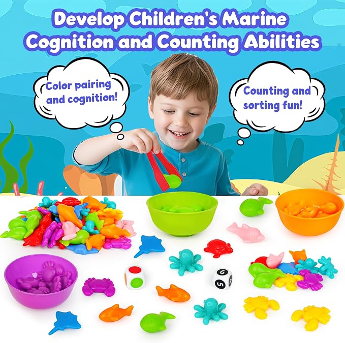 Sorting Colors Sea Animals Counting Toys with Matching Sorting Cups and Game Dices, Color Classification and Sensory Training Preschool Educational Learning Toys for Toddlers Kids Girls Boys Ages 3+ - Image 5
