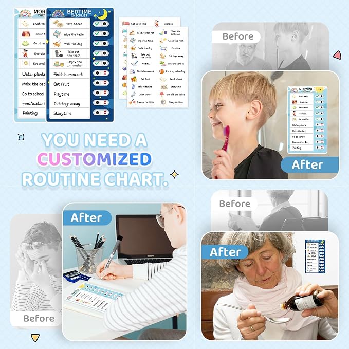 Chore Chart for Kids: Dry Erase Visual Schedule, Magnetic Bedtime/Morning Routine Chart - Toddler Chore Board, Checklist, To Do List for Kids (1 morning checklist, 1 bedtime checklist) - Image 6