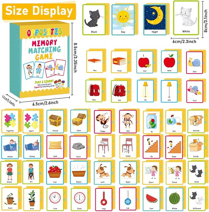 gisgfim 100 PCS Opposites Memory Matching Game Sight Words Concentration Memory Card Educational Game for Kids Preschool Learning Educational Ages 3-8 A Fun & Fast Gift Activities Matching Games - Image 2