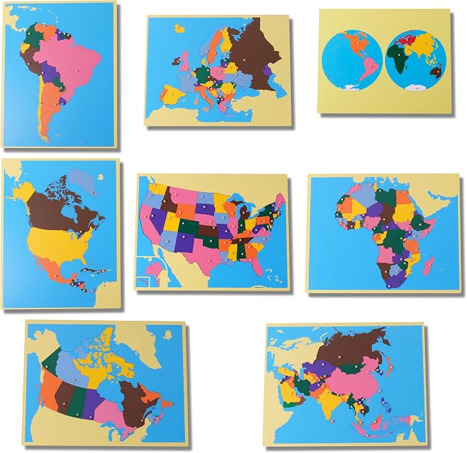 Premium Montessori Wooden Map Puzzle Set 23”, 8 Large Geography Puzzles: World, USA, Canada, Europe, Asia, Africa, North & South America with Control Cards, Kids Gift, Homeschool Learning Materials - Image 2