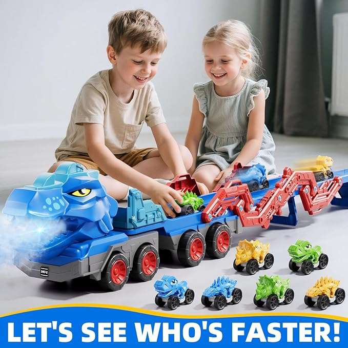 10 in 1 Dinosaur Truck Toys for Kids Toddlers Boys 3-5 4-8, Dino Carrier Truck with Foldable Track, Spray, Light & Sounds and 9 Dino Cars, Birthday Gifts for Kids Boys Girls 3 4 5 6 7 8 Year Old