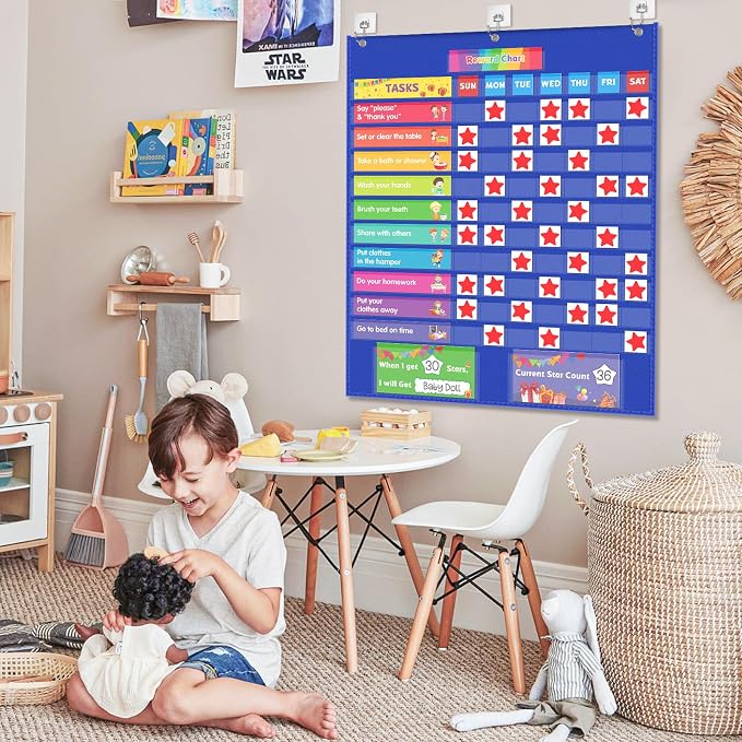 EAMAY Responsibility Pocket Chart | Toddler Routine, Kids Reward Board, Chores Chart, Visual Schedule, Autism Learning Materials for Home School, 129 Cards (32.5''x 25") - Image 6