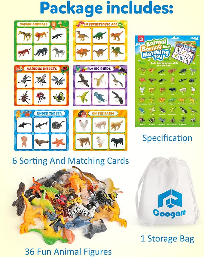 Coogam Sorting Toys for Toddles, Animals Figures Dinosaurs Birds Insects Cognition Matching Game Playset, Fine Motor Learning Activities Educational Toy Gift for 3 4 5 Year Old Kid - Image 6