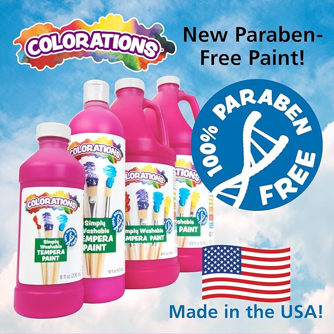 Colorations Paraben-Free Washable Tempera Paint for Kids - 8 Ounce Bottles, Set of 6 Colors, Non-Toxic and Made in the USA
