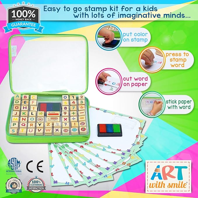 Wooden Large Stamp Premium Set for Kids. 72 Pcs Alphabet Stamps. Letters, Numbers, 3-Color Washable Ink Pad, 3 Refill Bottles, Activity Book. Ideal Creativity Kit