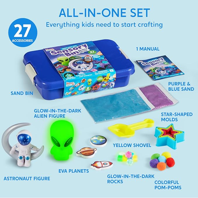 JOVA Klever Kits Outer Space Sensory Bin for Kids with Glow in The Dark Alien and Rocks, Sandbox with Lid Dual-Color Sand, Preschool Learning Activities Gifts for Boys Girls Age 3+ - Image 2