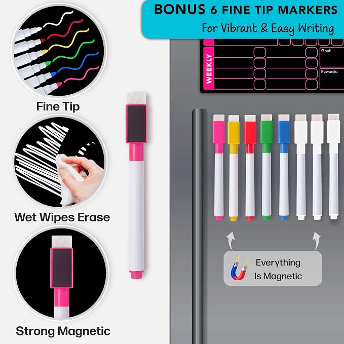 3 Pcs Blackboard Chore Chart Set - Pocket Charts Dry Erase Chore Chart for Multiple Users, Teens & Adults. Fridge Magnetic Blackboard Set, 3 Individual Charts (10"x10" Each) & 8 Fine Tip Markers - Image 3