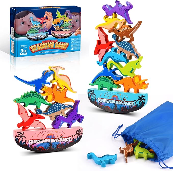 IPOURUP Dinosaur Toys for Kids 3-5: Wooden Stacking Montessori Toys for 3 4 5 6 7 8 Year Old Balance Competition Game for Family Ideal Christmas Birthday Gifts for Kids Ages 3-8 (Double Version) by IPOURUP