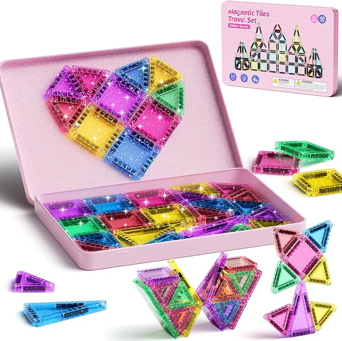 WMXDU 42-Piece Glitter Magnetic Tiles Travel Set with Pink Metal Box - Portable STEM Building Blocks for Kids Ages 3-8 Boys & Girls STEM Montessori Educational Toys for Airplane Car Rides by WMXDU