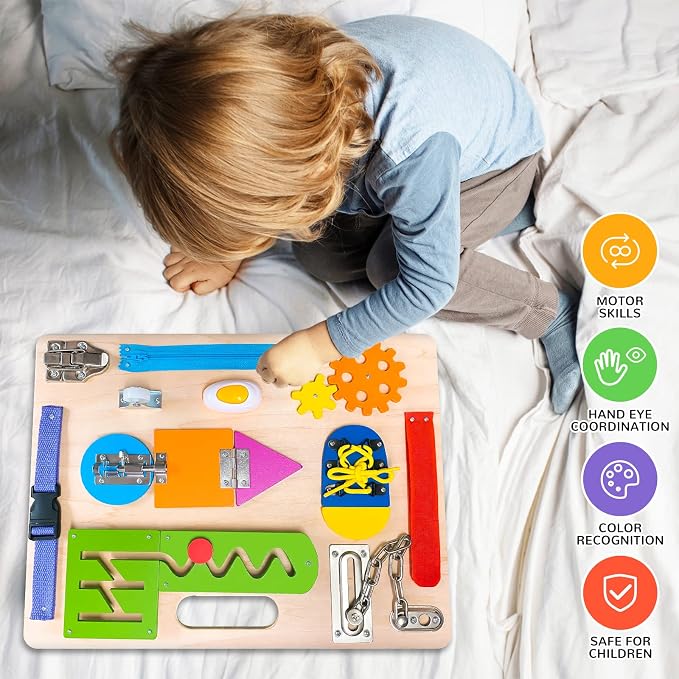 Montessori Busy Board for Toddlers, Wooden Sensory Toys, Preschool Learning Activities for Fine Motor Skills Travel Toy, Basic Life Skills Educational Gifts for 1 2 3 Years Old Kids Boys Girls - Image 2