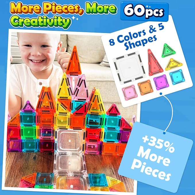 Soyee Mini Travel Magnetic Tiles 60PCS with Metal Tin Case Toddler Kids Toys Travel Essentials, Toddler Travel Toys Portable STEM Building Blocks Compatibility with Regular Size Magnetic Tiles - Image 2