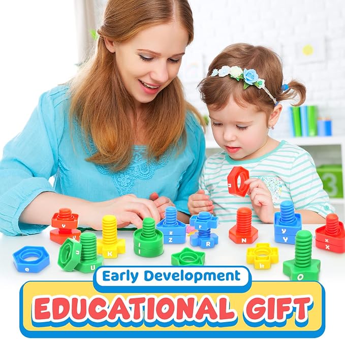 Letters Learning Matching Game | Preschool Toys Set for Toddlers | 26 Alphabet Learning Toys with 52 pcs Nuts and Bolts Sorting & Stacking Toys, ABC learning Educational Montessori Toy for Kids - Image 2