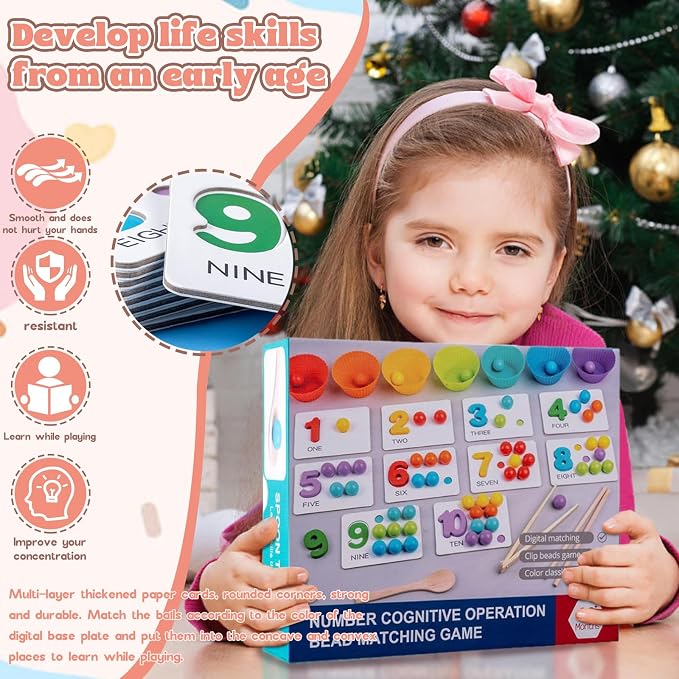 Montessori Arithmetic Math Toy Set, Montessori Arithmetic Kit, Silicone Number Learning with Beads, Number Cognitive Clip Bead Matching Gamefor Early Childhood Educational Activities (1Set) - Image 4