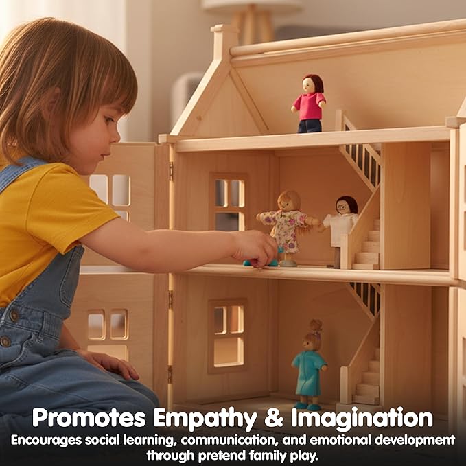 PlanToys® Wooden Dollhouse Family Set– Light Skin & Brown Hair| 4 Poseable 1:12 Scale Doll House People | Montessori Pretend Play Figurines | Eco-Friendly Sustainable Wooden Toy for Kids