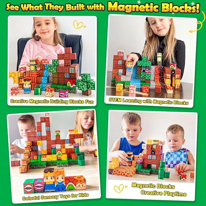 100PCS Magnetic Blocks Magnetic Building Blocks Sensory Toys for Kids Ages 3-5 6-8 8-12 Kids Game Toys for 3+ Year Old Boys & Girls, Mine Magnet World Craft 3 4 5 6 7 8 9 Year Old Boy Birthday Gift - Image 2