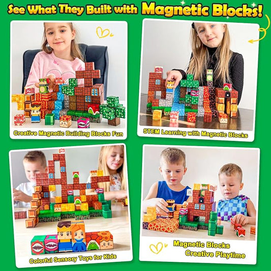 100PCS Magnetic Blocks Magnetic Building Blocks Sensory Toys for Kids Ages 3-5 6-8 8-12 Kids Game Toys for 3+ Year Old Boys & Girls, Mine Magnet World Craft 3 4 5 6 7 8 9 Year Old Boy Birthday Gift - Image 2