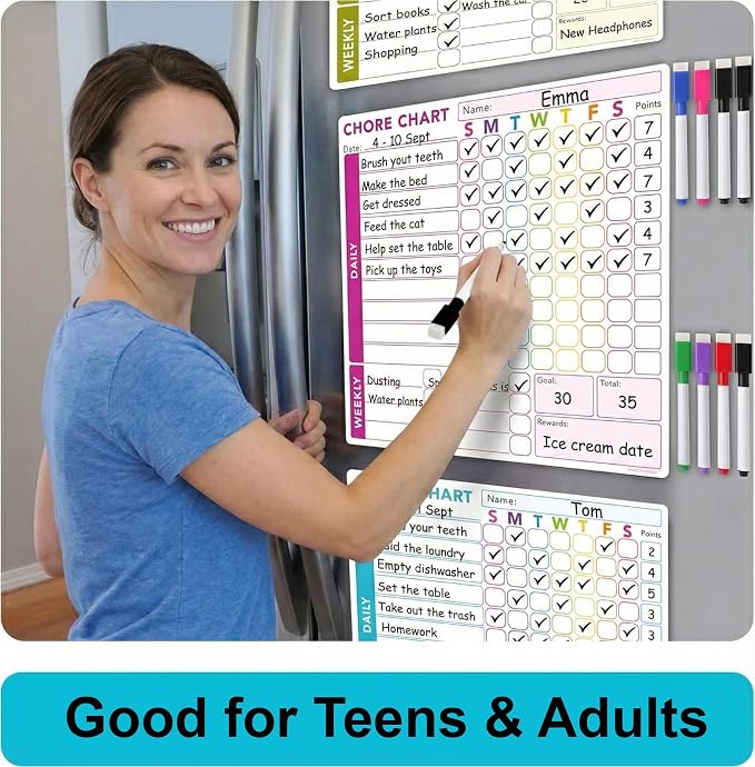 3 Pcs Responsibility Chore Chart Set for Multiple Users, Teens & Adults - Pocket Charts - Fridge Magnetic Whiteboard Set - 3 Individual Dry Erase Organization Charts (10"x10" Each) & 8 Markers - Image 2