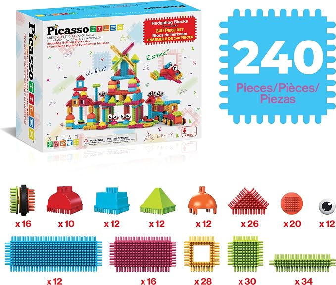 PicassoTiles 240 Piece Hedgehog Bristle Blocks 3D STEM Building Toy Ages 3+ - Image 3