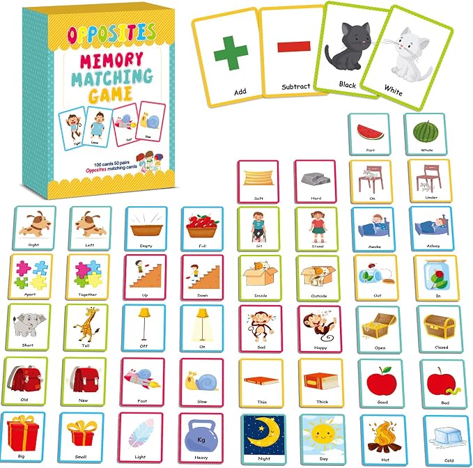 gisgfim 100 PCS Opposites Memory Matching Game Sight Words Concentration Memory Card Educational Game for Kids Preschool Learning Educational Ages 3-8 A Fun & Fast Gift Activities Matching Games by gisgfim