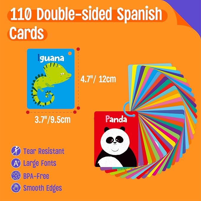 110 PCS Early Learning Flashcards, Double-Sided Spanish Cards- Alphabet, Numbers, Foods, Animals, Shapes, Colors, Emotions with 4 Reclosable Rings, Learning Tool for Pre-K Kindergarten Toddlers - Image 2