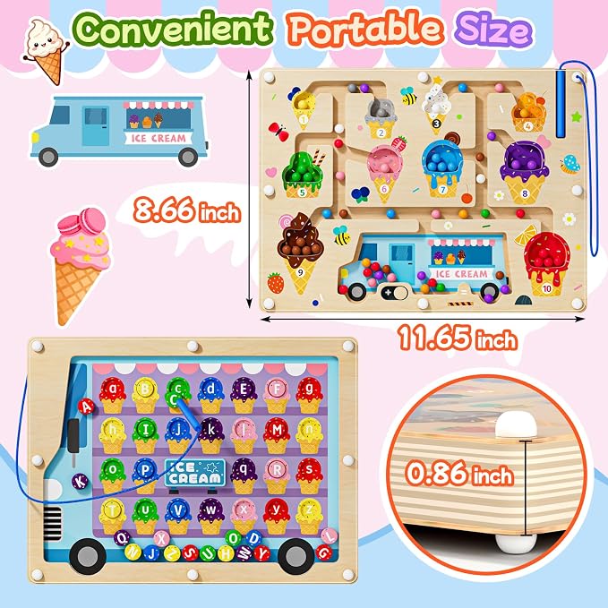 2 in 1 Magnetic Color and Number Maze Double-Sided ABC Alphabet Puzzles Board Magnet Dinosaur Counting Maze Preschool Learning Montessori Education 3 4 5 Years Toys (Ice Cream, One Size) - Image 6