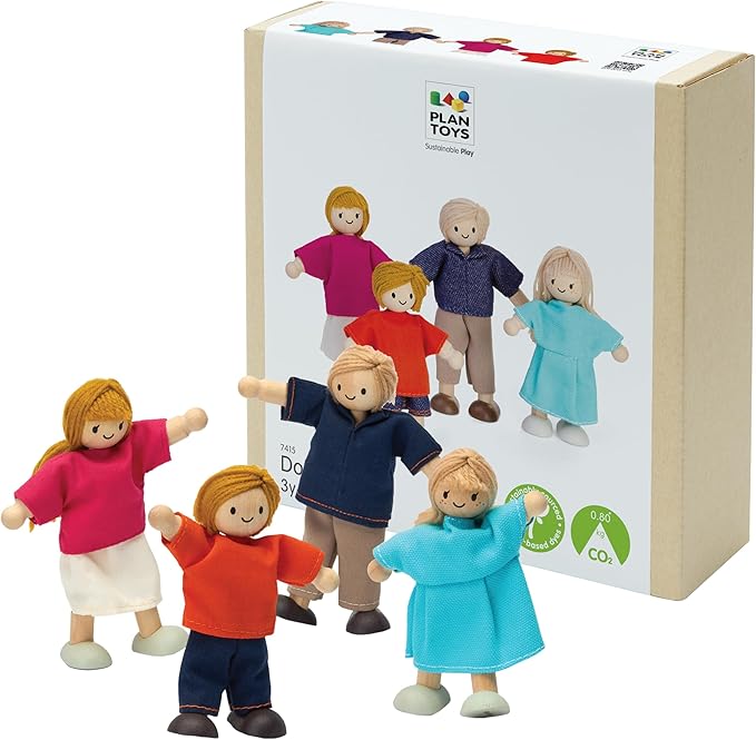 PlanToys® Wooden Dollhouse Family Set– Light Skin & Blonde Hair| 4 Poseable 1:12 Scale Doll House People | Montessori Pretend Play Figurines | Eco-Friendly Sustainable Wooden Toy for Kids