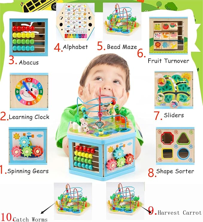 Wooden Activity Cube for 1 Year Old Kids, Educational Learning Bead Maze for Toddler Age 1-3, Developmental Montessori Toys for 12-36 Months Boys Girls Gift - Image 4