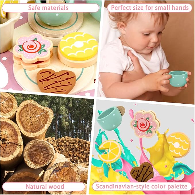 Wooden Tea Set for Little Girls Play Food Pretend Play for 3 4 5 Years Old - Image 6