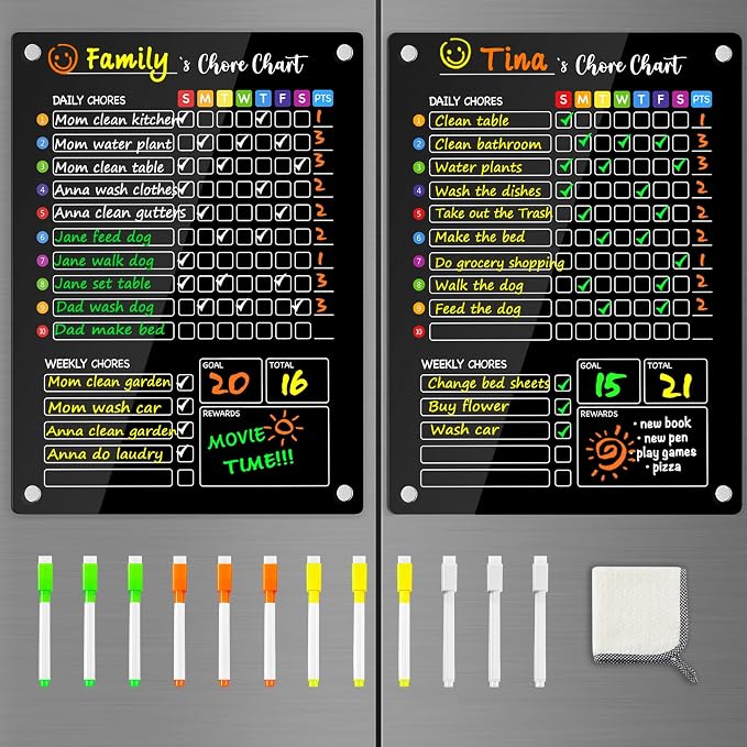 PigPotParty Black Acrylic Magnetic Chore Chart for Kids, 12x16 Inch, 2 Pack by PigPotParty