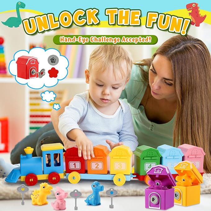 Toddler Montessori Learning Toys for 2 3 4 5 Year Old Boys, Kids Dinosaur Train Matching Toys with Locks & Keys | Counting & Sorting Trains Set, Preschool Toy Boy Girls Birthday Gifts Ages 2-4 3-5 - Image 6