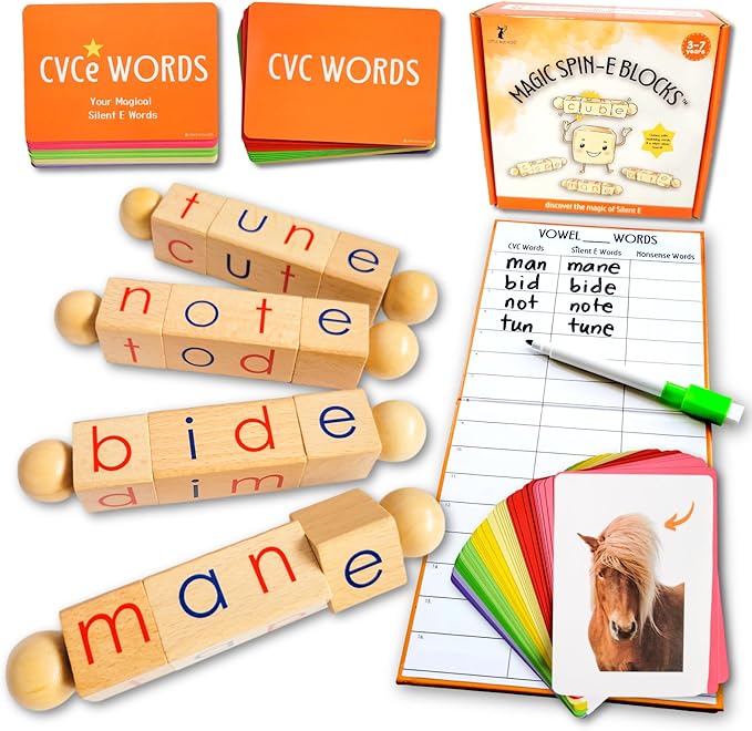 LITTLE BUD KIDS Magic Spin-E Blocks - A Silent E Phonics Toy & Montessori CVCe Reading Blocks for Kids Ages 4–7 by LittleBudKids