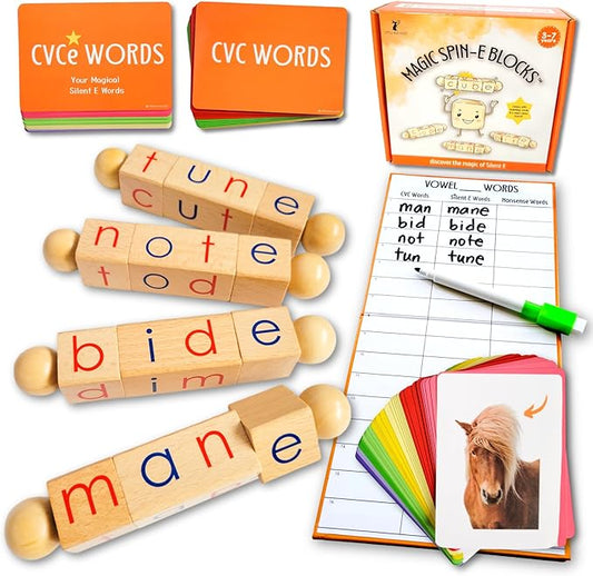 LITTLE BUD KIDS Magic Spin-E Blocks - A Silent E Phonics Toy & Montessori CVCe Reading Blocks for Kids Ages 4–7 by LittleBudKids