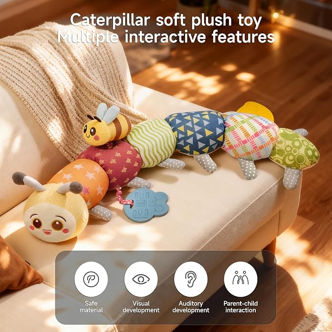 TUMAMA Baby Toys for 0, 3, 6, 9, 12 Months, Stuffed Animal Toys, Caterpillar Stuffed Toys with Teether, Crinkle and Rattles, Soft Plush Sensory Toys for Newborn Infant Christmas Gifts