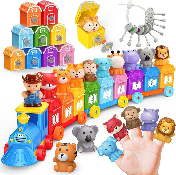 Animal Montessori Learning Toys for 2 3 4 5 Year Old Kids, Toddler Animals Train Locks & Keys Matching Toys Counting & Sorting Trains Set, Preschool Toy Boys Girls Christmas Birthday Gifts Age 2-4 3-5 by IPOURUP