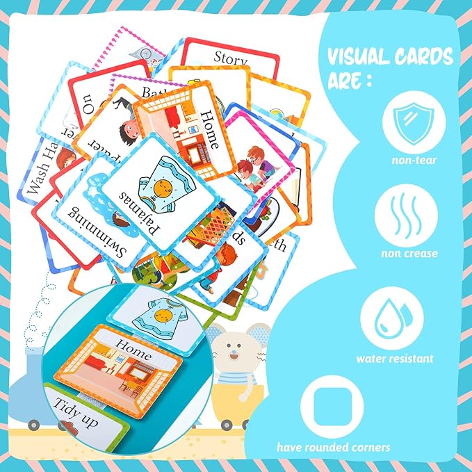 Visual 35 Pieces Schedule for Toddlers Autism Learning Materials Kids Routine Cards Visual Wall Planner, 2 Chore Chart Schedule Board for Home School, 2 Rough Strips, 35 Hook and Loop Dots(Cyan) - Image 3