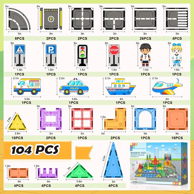 104 PCS Magnetic Tiles Road Set, STEM Magnet Toys Gift for 3+ Year Old Boys - Image 6