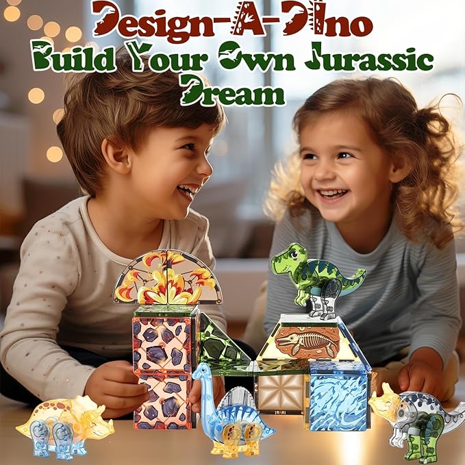 Magnetic Tiles Dinosaur Toys for Kids 3-5 5-7 Magnet Building Blocks Toddler Toy Dinosaurs - 3 Year Old Boy Gift STEM Learning Resources for Kids Ages 3 4 5 6 7 8 Gifts for 4 Year Old Boys