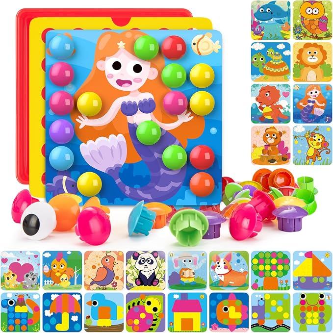 Geekper 96 PCS Button Art Toys for Toddlers, Color Matching Mosaic Pegboard by Geekper
