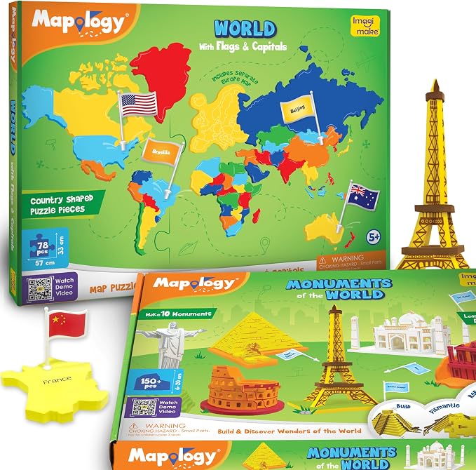 Imagimake Mapology World Map Puzzle & Monuments of World Bundle | 3D Puzzles for Kids | Learn Wonders of the World, Country and Capitals for Kids Ages 5 6 7 8 9 10 11 12 13 Years by Imagimake